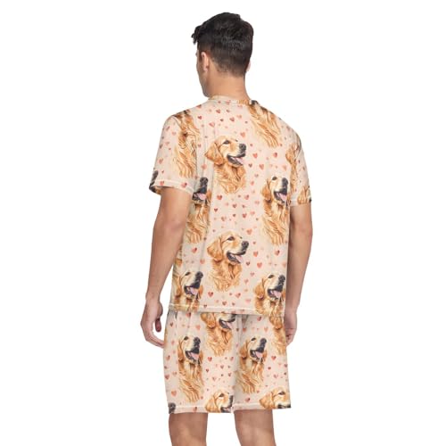Men's Pajama Set Golden Retriever Dog Hearts Short Sleeve with Shorts Pockets Sleepwear Set Summer Loungewear2