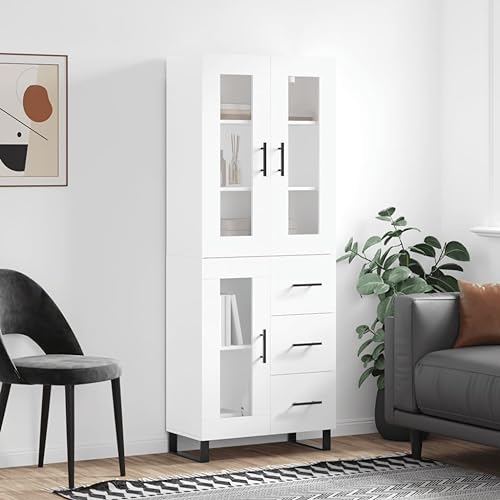 IKAYAA Armario Vitrina, Mueble Vitrina de Cristal, Vitrinas de Salón, Aparador para Salón, Estantería Librería, Armario Auxiliar de Cristal con 3 Cajónes, 69,5 x 34 x 180 cm Blanco-2