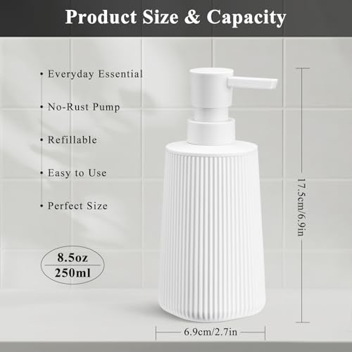 Image of White Hand Soap Dispenser with No Rust Pump for Bathroom and Kitchen Countertops Refillable Striped Matte Plastic 8.5 oz