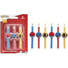 Pokemon Birthday Cake Candles | 6 Birthday Candles for Cake Decorations, Red, Blue, Yellow Striped Candles, Poke Ball Cake Toppers for Pokemon Party