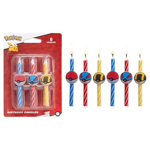 Pokémon Birthday Cake Candles | 6 Birthday Candles for Cake Decorations, Red, Blue, Yellow Striped Candles, Poké Ball Cake Toppers for Pokémon Party