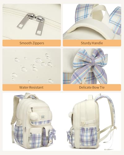 Image of Backpack for School Girls, 3Pcs Kids Cute Bookbag with Lunch Box Pencil Pouch, Student Pack Fits 15.6 Inch Laptop for Teens bag for Kindergarten Elementary Preschool Middle School, Beige Tartan