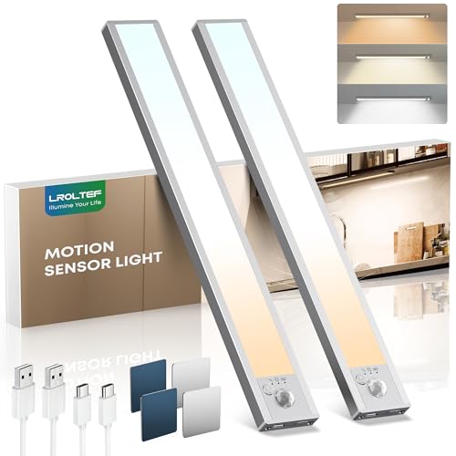 LROLTEF Schrankbeleuchtung Led Lampe mit Bewegungsmelder - 21cm 1500mAh 6500K 4000K 3000K 3 Farbtemperaturen Dimmbar Unterbauleuchte Küche Licht Treppenlicht Aufladbar Magnetische mit Sensor | 2 Stück