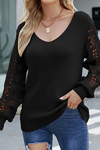 Lillusory Women's Black V Neck Lace Crochet Lightweight Sweaters 2023 Fall Winter Vintage Knit Pullover Sweater Tops #TOP3