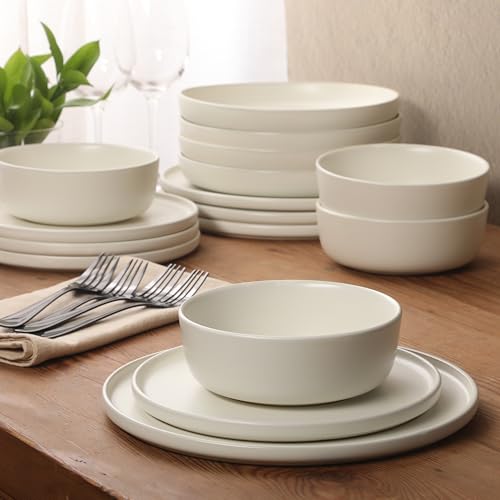 Image of Gibson Elite Bayou Moon Plates and Bowls Sets, 16-Piece White Matte Stoneware Dinnerware Sets, Solid Color Reactive Glaze Dish Set