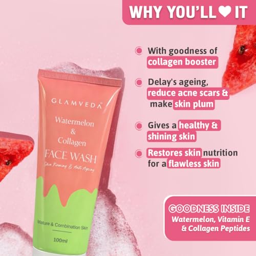 Image of Glamveda Watermelon 3 Step Skincare Routine | Face Wash, Facial Kit & Peel Off Mask | For Glowing Skin | Reduce Acne Scars, Fine Lines & Wrinkles | For Women & Men | All Skin Type
