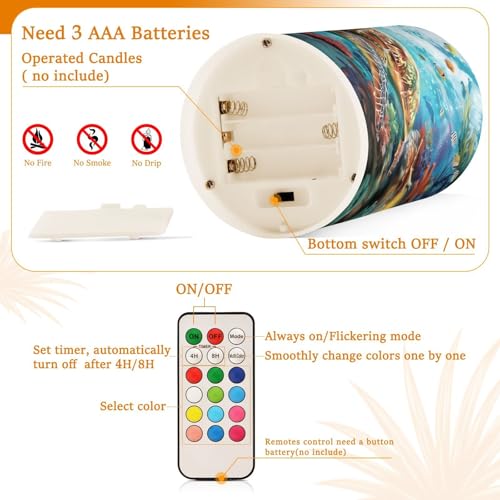 Image of Sea Turtles Ocean Coral Reefs Fish Flickering Flameless Candles LED Battery Operated with Remote Timer Pillar Candles for Home Birthday Wedding Christmas Decor, Set of 2