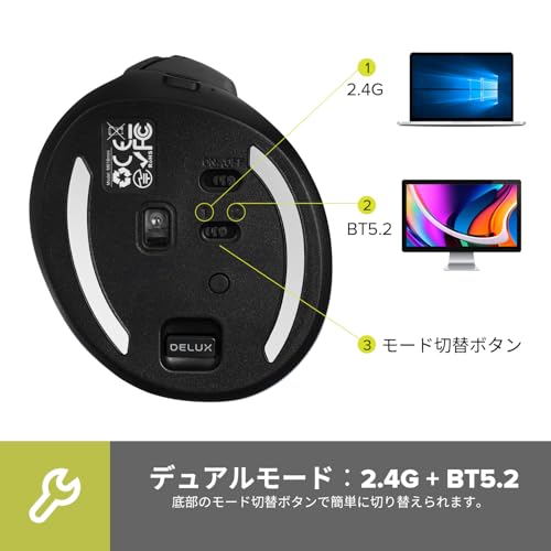 DELUX エルゴノミクスマウス 無線 静音 小型 縦型マウス Bluetooth 5.2 & 2.4GHz 充電式 6ボタン 4000DPI 手根管、手首、手の疲れに、ラップトップ/PC/Mac用（M618MINI -ブラック）