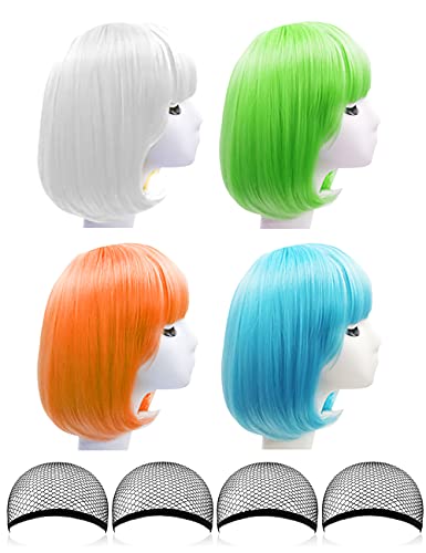4 Pieces Colorful Party Wigs, Short Bob Wigs, Daily Party Hairpiece for Women Girls , Wigs for Women with 4 Wig Caps - Bachelorette Party Supplies, Favors, Decorations(White, Green, Orange, Sky Blue)