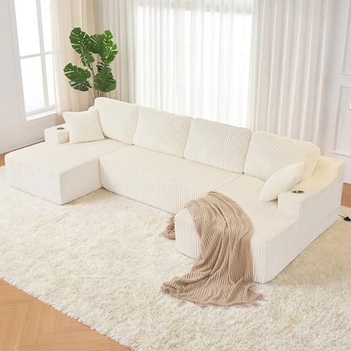130" Modular Sectional Sleeper Sofa, Modern Cloud Sectional Sofa Couch with Cupholders and Storage, U Shape Boneless Couches for Living Room, Free Combination, No Assembly Required,Beige