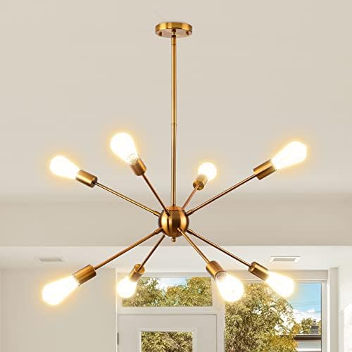 HOXIYA Gold Chandeliers Ceiling Lights 8 Light Nordic Retro Pendant Lighting Ceiling Semi Flush Mount Ceiling Light Fixture Adjustable Length for Living Room Hallway Dining Room Kitchen