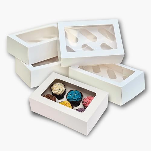 PACK N TRADE 10 Pcs cupcake boxes 6 hole - Multifunction Inserts Deep cake boxes for cupcakes White cup cake boxes (24 x 16 x 7.5 cm) with Clear Window - Ideal for Muffins Cupcakes & Pastries