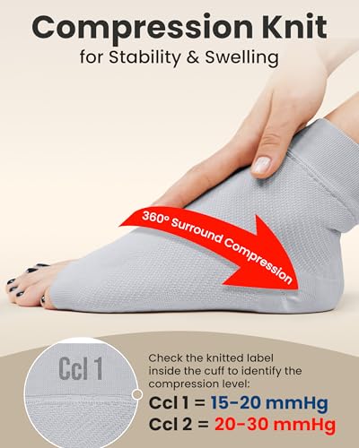 Image of KEMFORD Ankle Compression Sleeve - 1-Pair, Plantar Fasciitis Braces - Open Toe Compression Socks for Swelling, Sprain, Neuropathy, Foot Arch Support for Men and Women - 20-30mmhg, L, Grey
