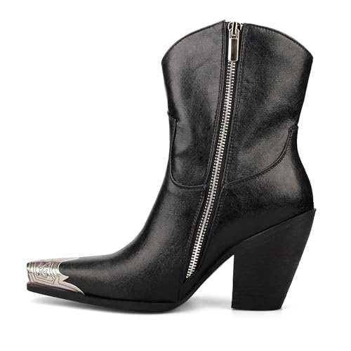 Image of Cowboy Ankle Boots for Women Engraved Steel Toe Cowgirl Boots Stacked Block Heels Short Cowboy Boot Fashion Dressy Western Country Booties