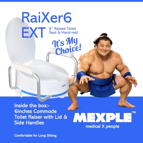 Image of MEXPLE RaiXer6EXT Raised Toilet Seat Raiser with Side Handles | 6 Inch Elevated Toilet Seat for Seniors & Disabled | Commode Raiser with side Safety Arms | Support for Knee, Hip & Recovery Care