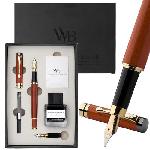 Wordsworth & Black Fountain Pen Set, Luxury Bamboo Wood - Medium Nib, Extra Fine Nib, Gift Case; 25ML Black Ink Bottle, 6 Ink Cartridges, Refill Converter - Calligraphy, Writing [Rosewood]