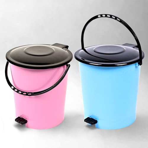 Image of Kuber Industries Plastic Pack Of 2 Pedal Dustbin | Dustbin With Lid | Garbage Bin | Dustbin For Kitchen-Bathroom | Wet & Dry Waste Bin | Black Dhakkan Trash Can | 10 Ltr | Pink & Blue