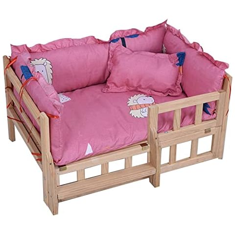 TsoLay Dog Bed Pet Dogs Bed Wooden Pet Bed Elevated Dog Bed Cats Cot with Stairs Guardrail Removable Frame Soft Washable Mattress Four Seasons Use for Dogs Pet Cat Cover