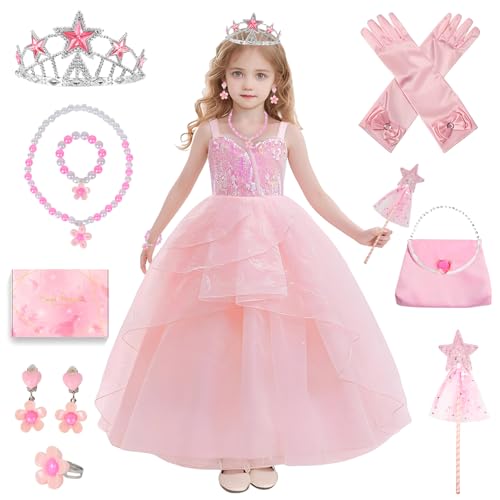 TOSZOLY Disfraz de Glinda para Niña - Vestido Princesa Rosa con Corona, Varita y Joyas - Disfraz Infantil para Halloween, Carnaval, Cumpleaños o Navidad(120)