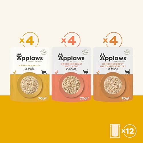 Applaws natürliches Nassfutter für Katzen, Beutel Multipack Hühnerauswahl in Brühe - 12 x 70g Beutel