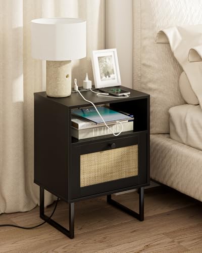 Image of Masupu Rattan Nightstand with Charging Station,Modern Boho Farmhouse Wood Bedside Table with Storage Drawer and Open Shelf,Small Black Frame Side End Table for Bedroom,Living Room,Office (Black)