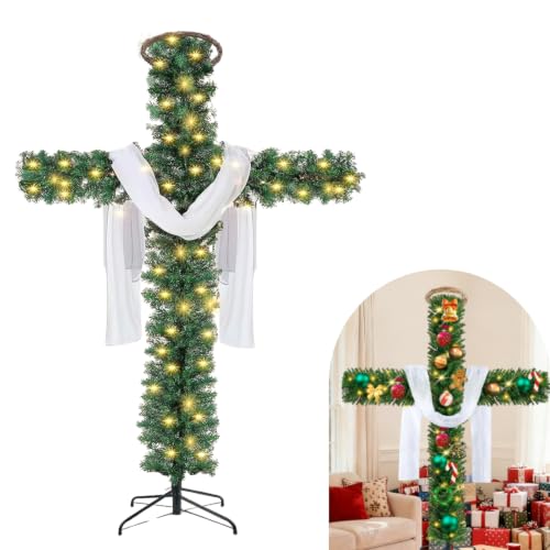 Large 6ft Cross Christmas Tree with Colorful Egg Lights Included White Silk Scarf & Crown of Thorns Jesus Christian Ornaments for Christmas Easter Outdoor Home Decor