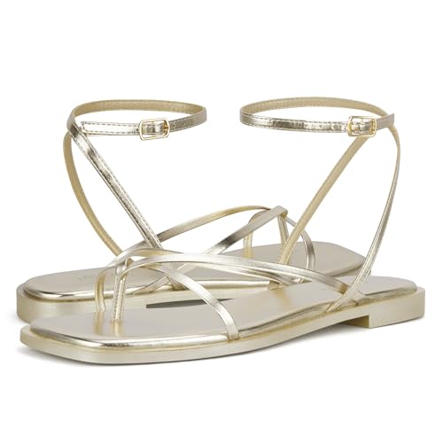 Image of Womens Flats Sandals Square Toe Strappy Ankle Strap Flats