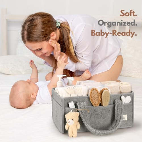 Image of Baby Diaper Caddy Organizer with Handle, Boy & Girl Shower Gift Basket, Portable Diaper Storage Basket Bin for Wipes, Newborn Baby Essentials Registry Search Must Haves, Car Caddy Organizer