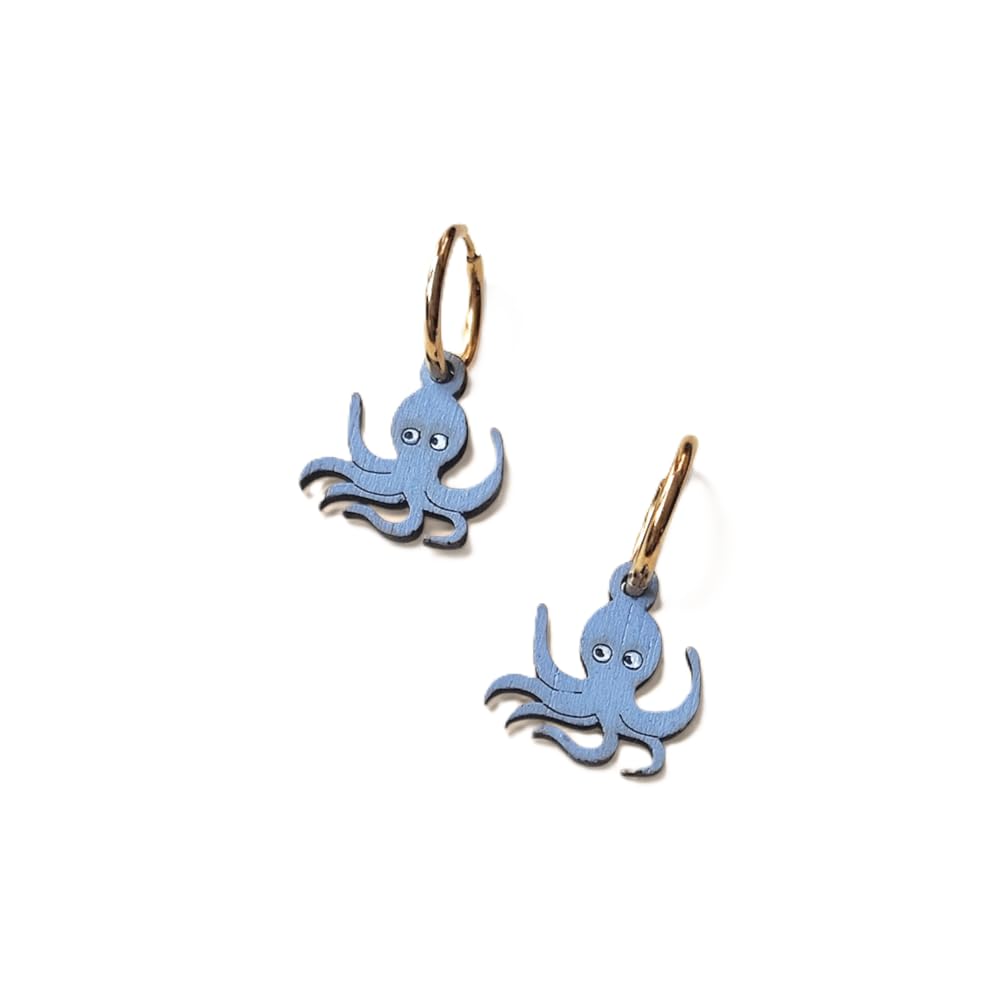 Sastree Pendientes Pulpo Originales | Edición Limitada Sas365 | Madera Sostenible Pintados a Mano | Joyería Original Mar y Animales (Gris, Acero Inox Plata)