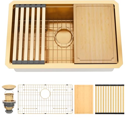 Image of 28 Inch Gold Undermount Kitchen Sink, 16 Gauge T304 Workstation Sink