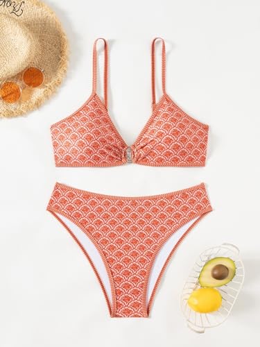 Image of Fanuerg Women's Triangle Bikini Sets O Ring Linked Two Piece Swimsuits Floral Printed Cheeky Bathing Suit