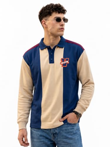 Image of Veirdo Men's Loopknit Cotton Oversized Baggy Fit | Full Sleeve Polo T-Shirt | Casual Streetwear with Ribbed Cuffs Travel | Sizes: S to XXL
