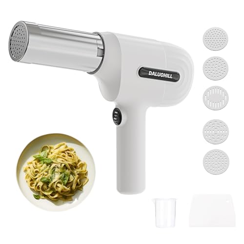 Handheld Electric Pasta Maker, 5-in-1 Cordless Pasta Machine, Portable Noodle Maker with Shaping Moulds and Cutter, Homemade Ramen Spaghetti Maker Machine-White