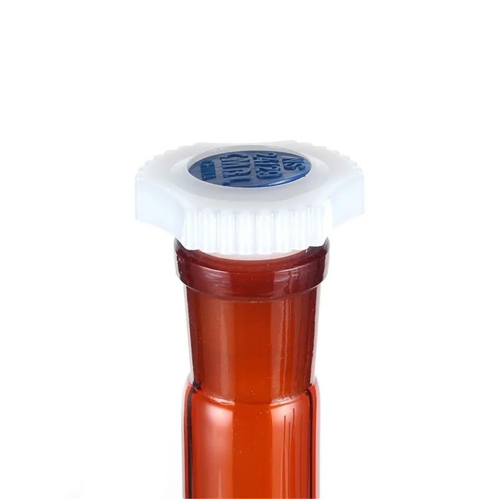 Equipos y suministros de laboratorio Matraz volumétrico de vidrio de borosilicato marrón de 50 ml con tapón de plástico. Cristalería transparente de laboratorio.