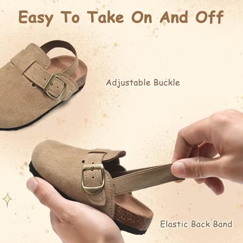 Image of Kids Suede Clogs Boys Girls Mules Cork Genuine Leather Sandals with Adjustable Buckle Slippers Potato Shoe Indoor Outdoor Slip On Slide for Big Kids