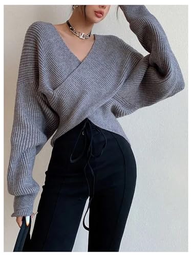 Verdusa Women's Criss Cross Wrap Sweater V Neck Long Sleeve Drop Shoulder Fall Knit Tops3