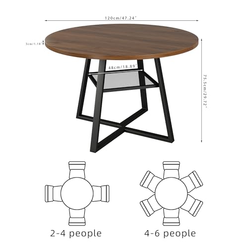 Image of 47 Inch Round Dining Table for 4-6, Space Saving Circle Kitchen Table with Storage, Mid Century Modern Dinner Table with Metal Legs, Wooden Farmhouse Dining Room Table for Living Room, Walnut