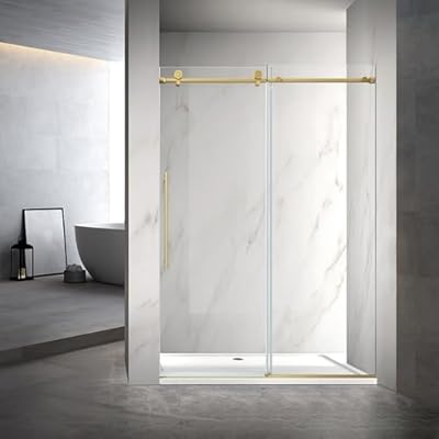 Sunrosa 48" W x 76" H Frameless Shower Door, Sliding Shower Door with Soft Close System, Glass Shower Door with 5/16" (8mm) Clear SGCC Tempered Glass, Brushed Gold