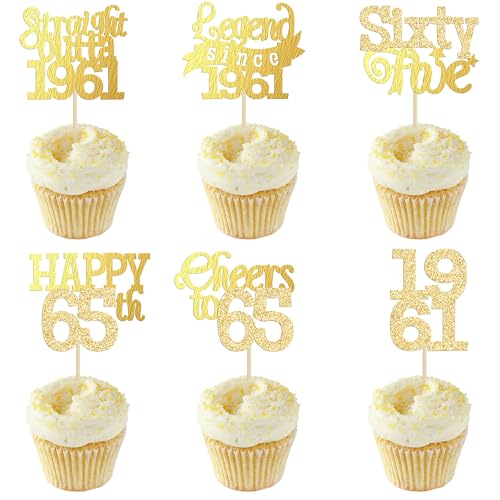 Gyufise 24Pcs Happy 65th Birthday Cupcake Toppers Hello Sixty Five Legend Since 1961 Cupcake Picks Cheers to 65 Years Cake Decorations for 65th Birthday Anniversary Party Supplies Gold