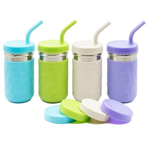 Image of WeeSprout 2-in-1 Drinking Cups for Kids, Durable Stainless Steel Tumbler for Smoothies, Silicone Straws with Stoppers, Premium Plastic Twist Lids, Easy-Grip Sleeves, Set of 4 Dishwasher Safe Kid Cups