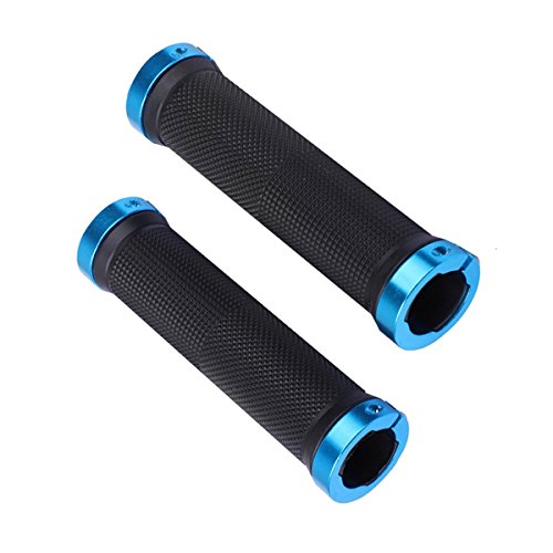 Kework Bike Grips, Double Locking Bike Bicycle Mountain Bike Handlebar Grips, Include 2 Handlebar Caps, Aluminum Alloy Lock Ring (Blue) #TOP1
