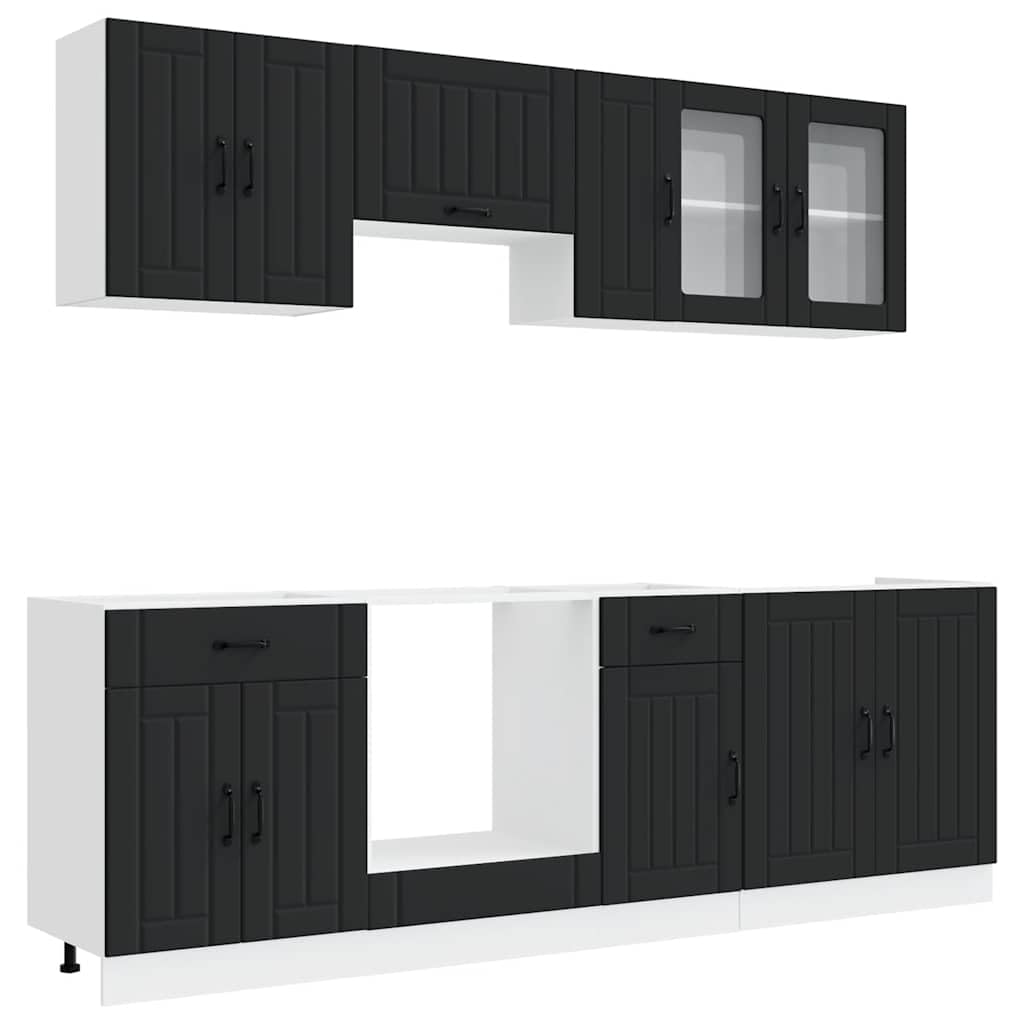 Set Mobili Cucina 8 Pezzi Kalmar Nero Legno Multistrato con Vetro