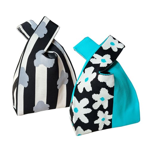 Image of Knot Bag, Mini Knit Tote Bag, Extra Thickened Japanese Knot Bag, Wristlet Handbag, Aesthetic Crochet - 2Pcs Blue Floral & Black & White Floral(Very Small)