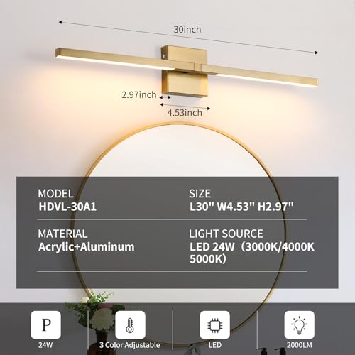Image of Tanoxo Bathroom Vanity Light Fixtures,30 inch Rotatable LED Vanity Lights with 24W,Adjustable 3000K,4000K,5000K Light,Brushed Bathroom Wall Sconce Over Mirror,Gold