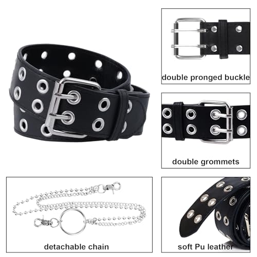 Double Grommet Leather Belt with Detachable Chain for Women Men, Punk Rock Metal Jeans Belts with 2 Hole Black3