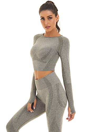Toplook Women Seamless Workout Outfits Athletic Set Leggings + Long Sleeve Top (Green Gray, Small)