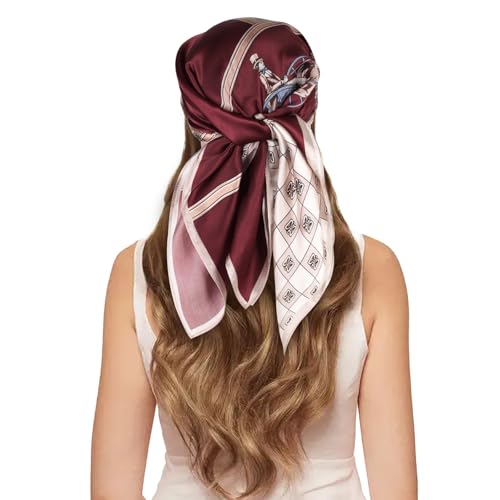 EXTREE 100% Pure Mulberry Silk Scarf Fashion Hair for Women Scarf Lightweight Square Neckerchief 27.5× 27.5 inches Wanhui Wine Red