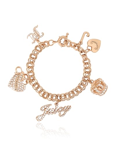 Juicy Couture Bracelet 7-7.5", Goldtone Charm Bracelets for Women with 6 Different Charms Featuring Clear Stones, 7.5, Metal, crystal