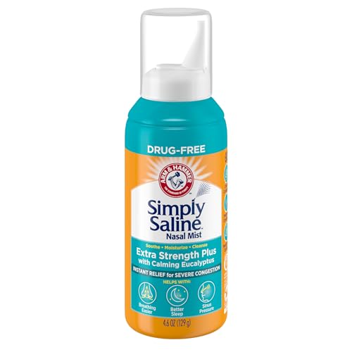 Arm & Hammer Simply Saline Nasal Mist Extra Strength Plus with Calming Eucalyptus, for Severe Congestion Relief, 4.6 Oz