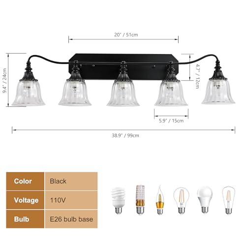 Image of LmnLvn Bathroom Vanity Black Vintage Light Fixture, 5 Lights Bathroom Lighting Matte Antique Brass Finish with Crystal Glass Shade, Black Vintage Vanity Light